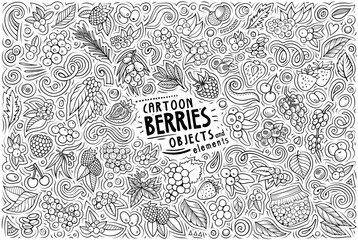 Cartoon Berry fruits objects and symbols doodle set