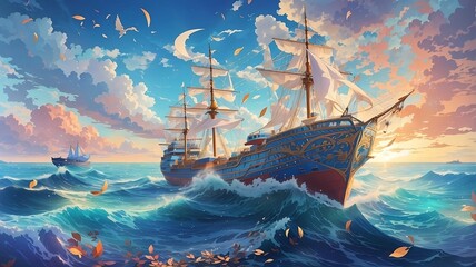 In a canvas of azure dreams, a ship dances on the waves, Its sails unfurled like wings of hope, as the sea whispers and behaves - obrazy, fototapety, plakaty
