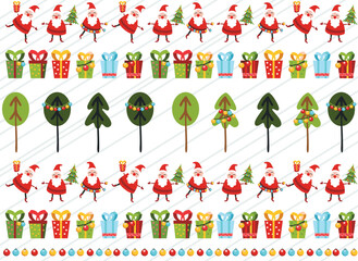 christmas pattern with holiday details (santa claus,snowflake, gifts, balls, candy, snowman). Vector illustration