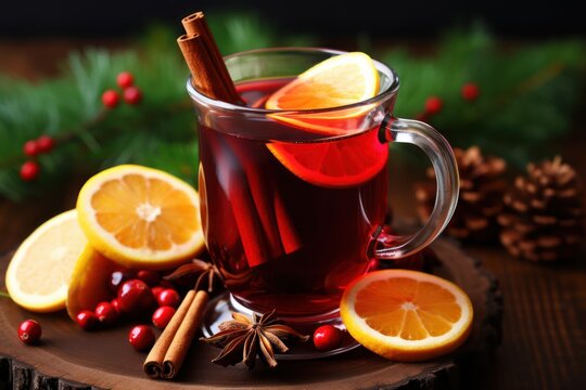Christmas mulled wine with spices closeup, hot Winter holiday drink