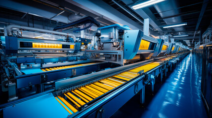 Production line with conveyor rollers for objects transportation.