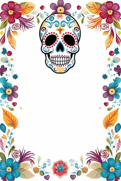Abstract illustration of day of the dead with skull and colorful ornament design background with white copy space