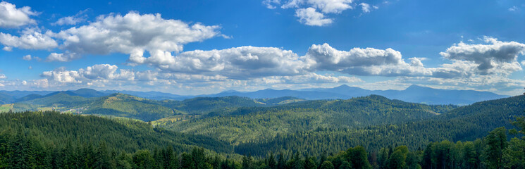 Naklejka na ściany i meble Mountain landscape with forest in the Carpathian mountains of Ukraine.