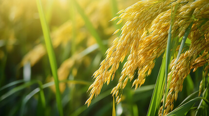 Close up of golden rice in rice field with sunlight,nature background.Rice field,agriculture organic,organic food concept.  - obrazy, fototapety, plakaty