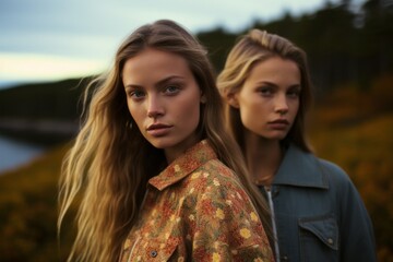 Two stylish women pose in the autumnal outdoors, their jackets blending in with the natural hues of the sky, a portrait of grace and beauty