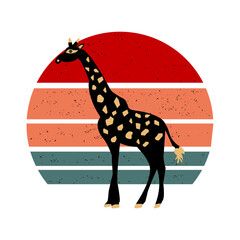 Cute black giraffe on multicolored circle with faded paper effect. One from the collection for kids. Vector illustration