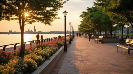 urban city riverfront walk illustration scape downtown, water travel, view beautiful urban city riverfront walk