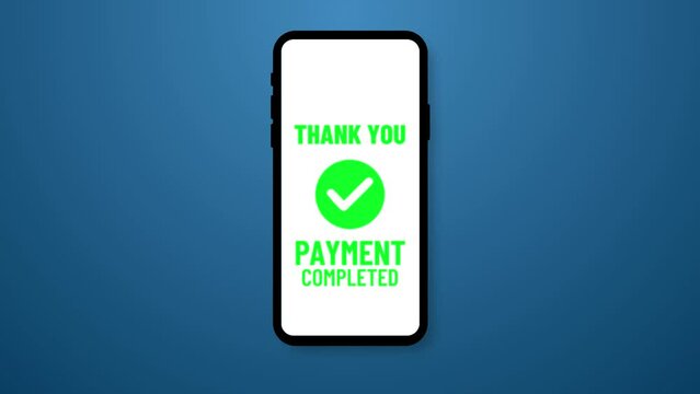 Animation of green check mark icon payment completed mobile payment on blue background