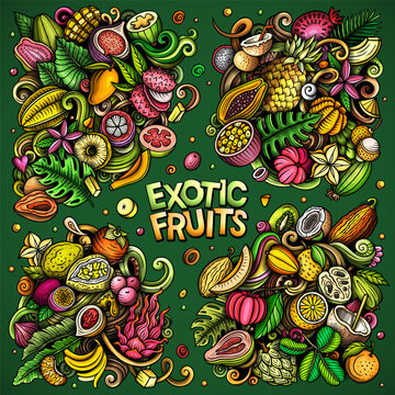Exotic fruits cartoon vector doodle designs set.