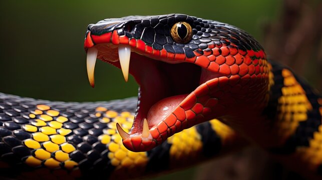 Close-up of the head of a snake with open mouth sharp teeth