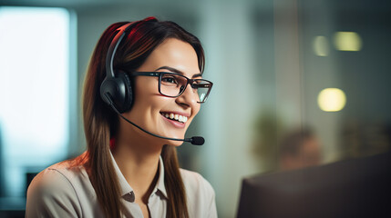 Female Telemarketer in Headset, Consulting Online Customer on Computer in Customer Support Office. Generative AI - obrazy, fototapety, plakaty