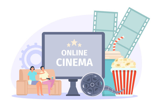 Online cinema concept, pop corn and sofa