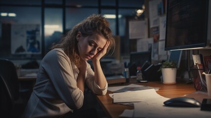 Fototapeta na wymiar Realistic portrayal Depressed Woman in the Office. Reflects Workplace Stress 