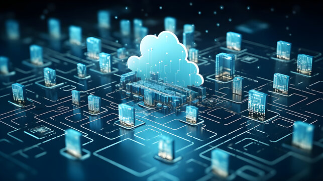 Digital informational technology web futuristic hologram with cloud icon, blue golden light digits and code background, cloud computing. Abstract Motion of digital data flow.