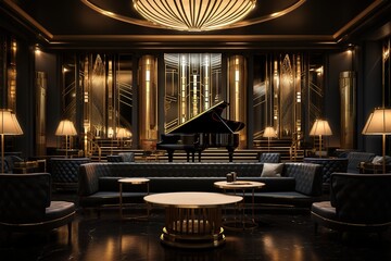 Art Deco Jazz Club with a grand piano, velvet banquettes, brass details, and a jazzy, Art Deco ambiance. Art Deco jazz club home decor