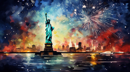 Fireworks over Statue of Liberty USA, Generative Ai