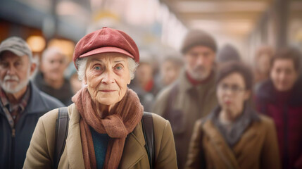 Portrait of elderly woman standing on blurred background of seniors people. Aging populations concept, international day of older people - obrazy, fototapety, plakaty