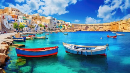 sea maltese fishing villages illustration summer colorful, boat village, malta travel sea maltese fishing villages - obrazy, fototapety, plakaty