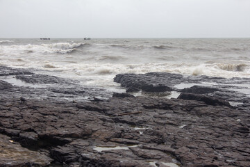 Rocky beach along the Arabian sea coast, Bandstand Promenade in Bandra, Mumbai.