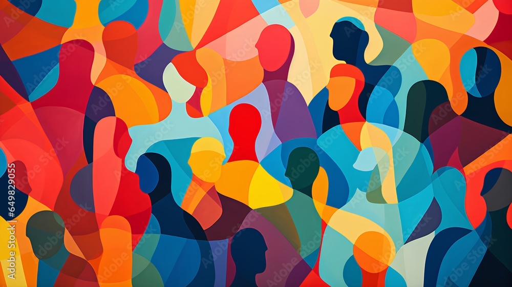Poster an abstract representation of a diverse crowd, depicted as colorful shapes of people. the image show