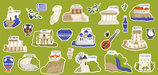 Vector illustration, set of stickers of hand drawn landmarks, attractions, sights, symbols of Greece in doodle style. Tourism, travel.