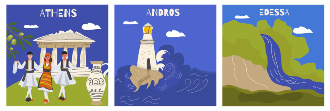 Vector illustration set of hand drawn cards, landmarks, attractions, sighns, symbols of Greece in doodle style. Tourism, travel.