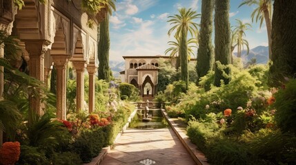 spain andalusian moorish gardens illustration spanish andalusia, architecture arabic, palace garden spain andalusian moorish gardens - obrazy, fototapety, plakaty