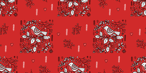 Christmas folk art horizontal seamless pattern. Bird on holly branch on red background. Vector illustration. Xmas folk repetitive design in style colored linear hand drawing.