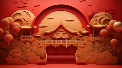 Inside the red colored Chinese hall and palace background for Chinese new year festival decoration.