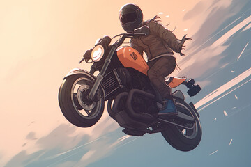 anime-style image of a human ridiing a motorcycle. Mid air jump, race, action | Generative Ai