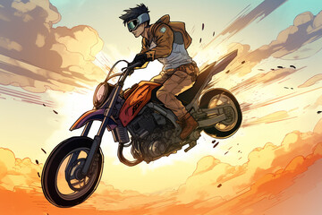 anime-style image of a human ridiing a motorcycle. Mid air jump, race, action | Generative Ai