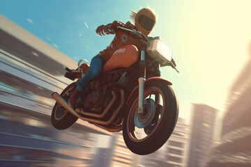 Obraz na płótnie Canvas anime-style image of a human ridiing a motorcycle. Mid air jump, race, action | Generative Ai