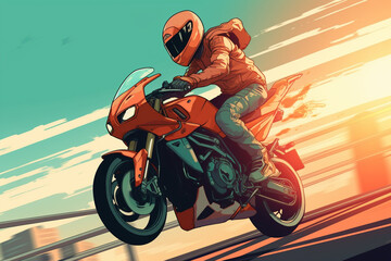 anime-style image of a human ridiing a motorcycle. Mid air jump, race, action | Generative Ai