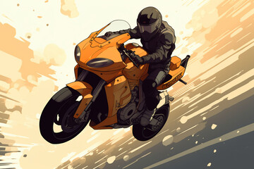 anime-style image of a human ridiing a motorcycle. Mid air jump, race, action | Generative Ai