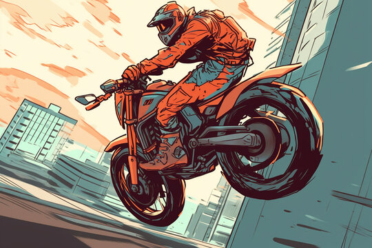 anime-style image of a human ridiing a motorcycle. Mid air jump, race, action | Generative Ai