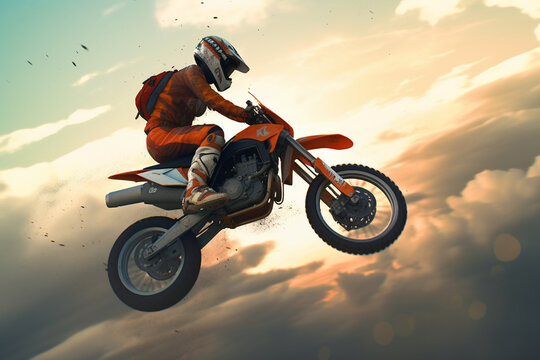 anime-style image of a human ridiing a motorcycle. Mid air jump, race, action | Generative Ai