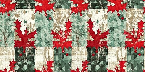 Grunge americana rustic Christmas holly leaf winter cottage style border. Festive distress cloth effect for cozy holiday season home decor ribbon.
