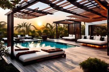 Fototapeta premium luxury hotel room with pool ,a lavish side outside garden at morning, with a teak hardwood deck and a black pergola. Scene in the evening with couches and lounge chairs by the pool, generative