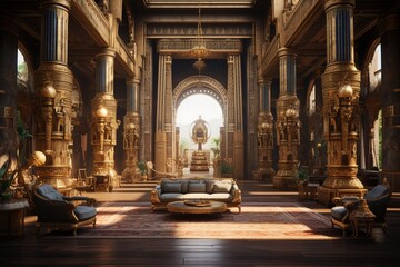 Ancient Egyptian Palace Parlor with hieroglyphics, luxurious furnishings, and an ancient Egyptian palace-inspired, regal ambiance. Ancient Egyptian palace home decor. Template - obrazy, fototapety, plakaty