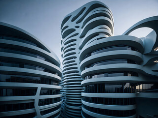 Futuristic white architecture in light. Unusual high-tech urban architecture concept. Generative AI