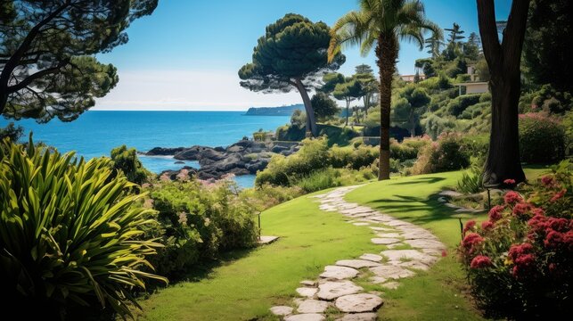 view ligurian coastal gardens illustration summer tree, green outdoor, town sky view ligurian coastal gardens