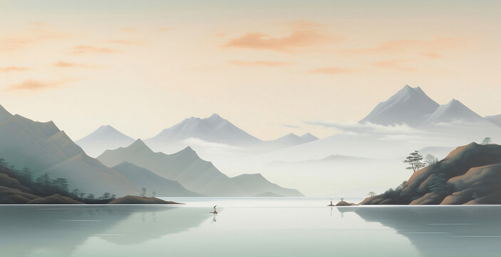 Landscape of calm waters, light white and dark blue, mist, sleek, photo-realistic. Scene on land with water and mountains surrounding it, soft renderings, neo-geo minimalism, soft mist, maritime scene