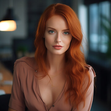 Beautiful adult redhead woman giving an interview