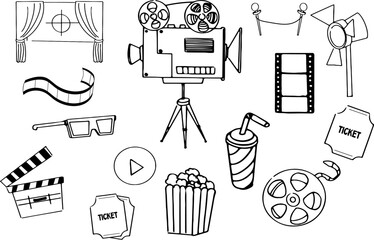 Cinema elements in doodle style with filmstrip, camera, tape, tickets retro isolated on white background.