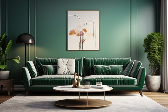 Fototapeta Stylish scandinavian living room interior with green velvet sofa, coffee table, carpet, plants, furniture, elegant accessories in modern home decor. Template. See Less
