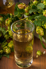 Fresh non-alcoholic hop infused water in glass and jug, with fresh hop cones on wooden table