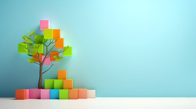 An abstract concept of urban greenspaces, featuring a solitary tree surrounded by vibrant, multicolored cubes. The image provides ample copy space for customization.