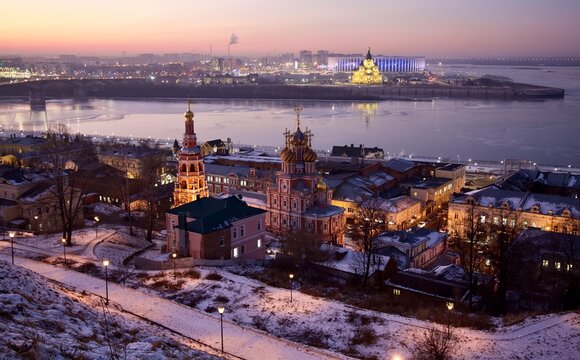 Evening Nizhny Novgorod at sunset in winter