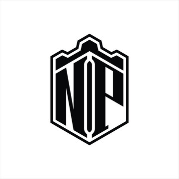 recommend clip art: NP Letter Logo monogram hexagon shield shape crown castle with outline style design