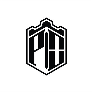 recommend clip art: PO Letter Logo monogram hexagon shield shape crown castle with outline style design
